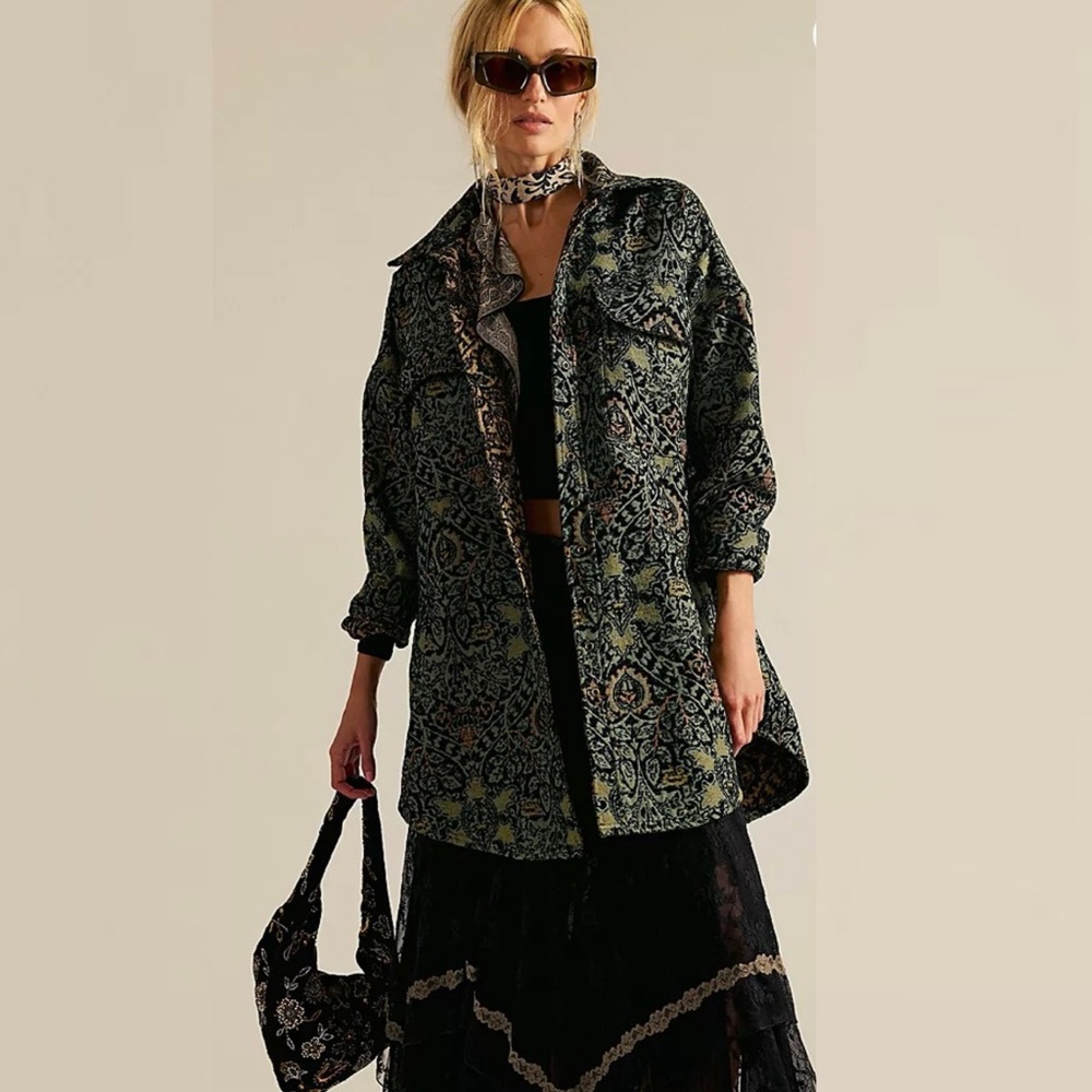 NWT Free People Tapestry Fog Jacquard Shirt Small Boho Blue Green Hippie Goth